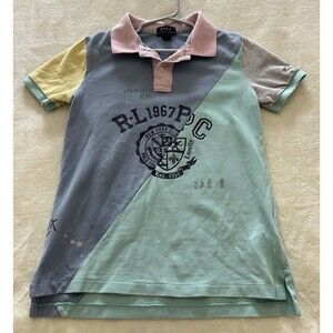 Ralph Lauren Boys Polo Shirt Sz 7 Pastel Collegiate Crest Colorblocked Pink Blue